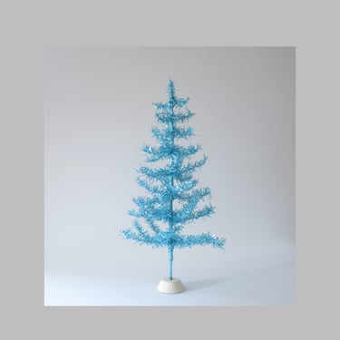 Mid-Century Turquoise Tinsel Tree, Table Top Holiday Sparkle Tree Decoration 