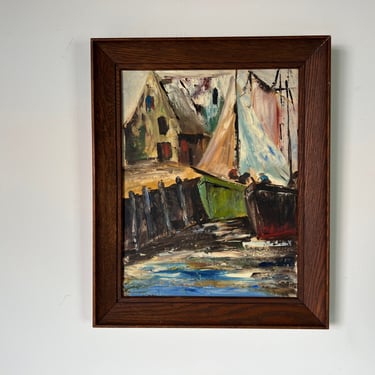 1960's Mid- Century Impressionist Painting of Fishing Boats in Harbor , Framed 