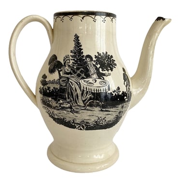 Antique black transferware teapot, Wedgwood creamware coffee pot The Tea Party 