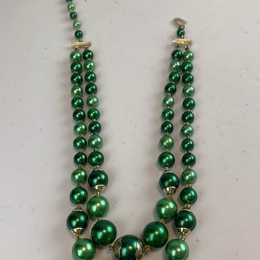 Jade Shaded Nights - Vintage 1950s 1960s Shamrock Green Faux Pearl 2 Strand Necklace 