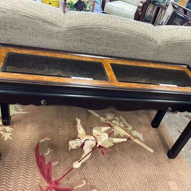 Black &amp; Burled Wood Console Table with Smoke Glass from Gordon Furniture