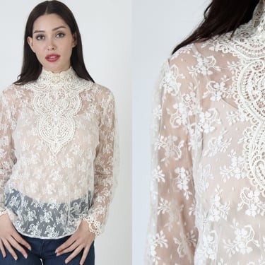 Classic Cream Lace Victorian Blouse / Vintage 70s Country See Through Top / Sheer Floral Edwardian Peasant Shirt 