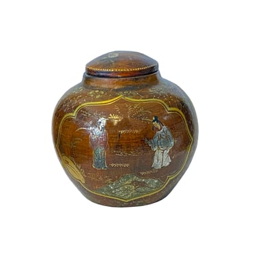 Chinoiseries Golden Graphic Brown Lacquer Fat Round Jar Shape Display ws3428AE 