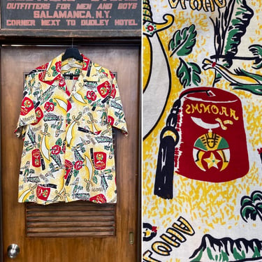 Vintage 1950’s “Shaheen’s” Shriner Tiki Surfer Hula Girl Cotton Hawaiian Shirt, Size L/XL, 50’s Vintage Clothing 