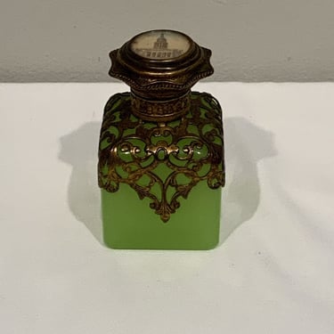 French Green Opaline Ormolu Mount perfume bottle from Grand Tour Palais Royal, small decorative glass bottle, elegant small oil bottle 