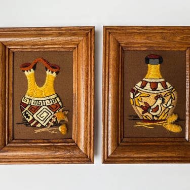 70's Vintage Sunset Crewel Embroidered Native American Wedding Vase And Rooster Pot, Southwestern Wall Hangings, Fiber Art, Set Of 2 