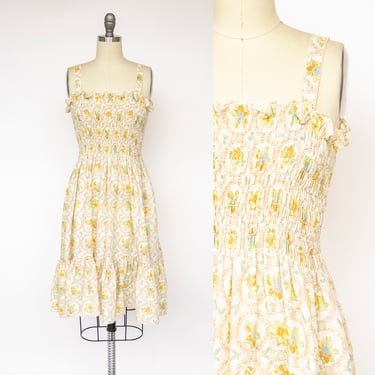 1970s Sun Dress Smocked Floral Cotton S 