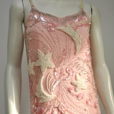 vintage 1980s art deco style pink silk beaded shift dress XS/S 