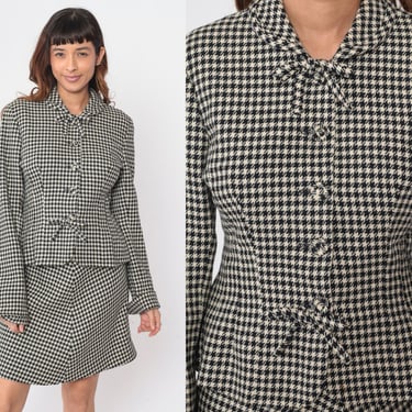 90s Houndtooth Skirt Suit Two Piece Set With Jacket Black White Checkered Blazer Mini A-Line Outfit Button Up Vintage 1990s Small Medium 