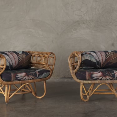 PAIR OF RATTAN LOUNGE CHAIRS WITH OUTDOOR FABRIC, 1950