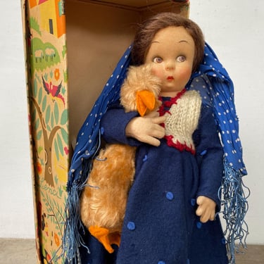 Vintage Lenci Doll Holding Mohair Duck, Felt Cloth Doll, Peasant Girl Made In Italy, Italian Doll, Includes Original Box 