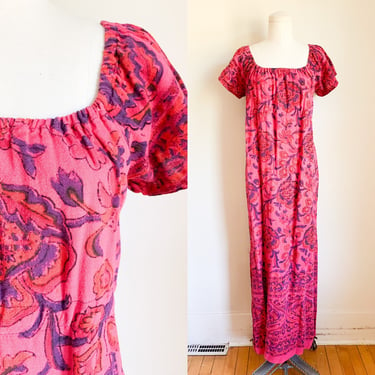 Vintage 1960s Block Printed Peasant Dress / S-M 