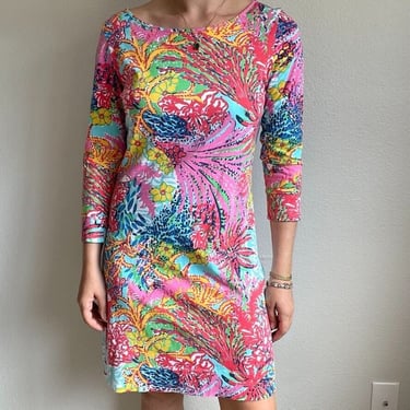 Lilly Pulitzer 3/4 Sleeve Multicolor Tropical Floral Pima Cotton Dress Sz M 
