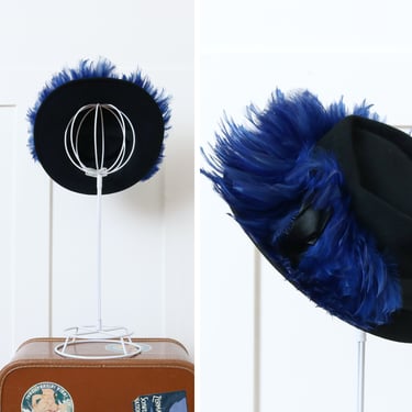 designer vintage 1940s Fred A. Block hat • bright blue feather 