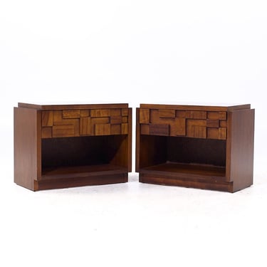 Lane Staccato Brutalist Mid Century Walnut Nightstands - Pair - mcm 