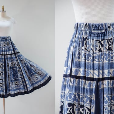 tiered maxi skirt | 90s vintage blue navy white Mediterranean patterned hippie boho ruffled flowy long full flowy skirt 