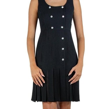 1990S Chanel Black Rayon  Silk Crepe Dress With Mother Of Pearl Logo Buttons 