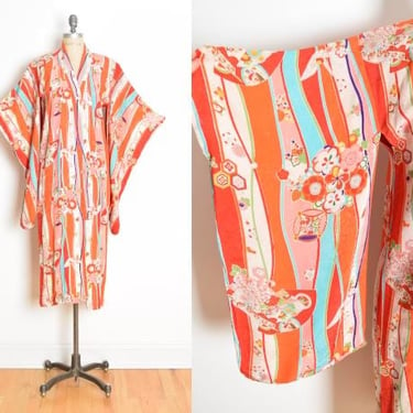 vintage 30s kimono rayon swirl floral print red silk lining wrap jacket duster clothing Japanese 