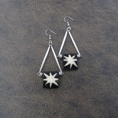 Batik print bone earrings, black and white earrings, silver 2 