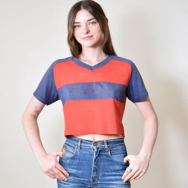 Vintage Early 1980s Red + Blue Sheer MESH Ultra CROPPED Sporty NIKE made in U.S.A. Faded Muscle Tee Shirt 