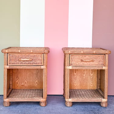 Pair of Coastal Rattan Nightstands