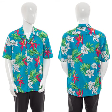 1980's Scorpio Blue and Floral Print Tiki Shirt Size L