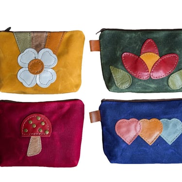 Leather Applique bags | Handmade Waxed Canvas Zipper Pouch | travel accessories 