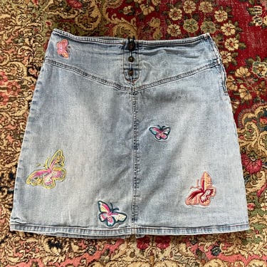 Vintage ‘90s Gasoline denim skirt, light wash denim with applique butterflies | Y2K aesthetic, low rise jean skirt, juniors 11 or M 