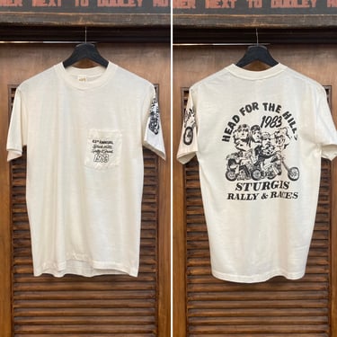 Vintage 1980’s Dated 1983 Sturgis Black Hills Motorcycle MC Race Biker Gang Pocket Tee-Shirt, 80’s T-Shirt, Vintage Clothing 