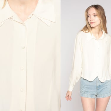 Cream Silk Blouse 90s Button Up Top Layered Collar Formal Preppy Collared Shirt 80s Plain Minimalist Long Sleeve Vintage 1990s Medium M 