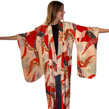 Vintage orange print maxi kimono 
