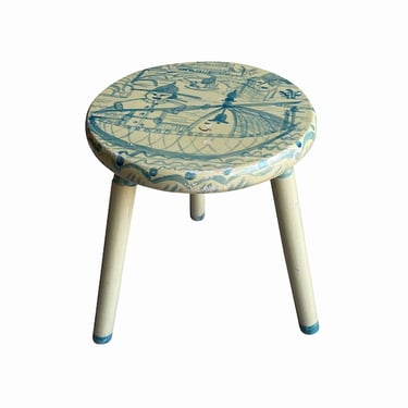 Cream and Aqua Chinoiserie Stool, France, 1950&#8217;s (Two Available)