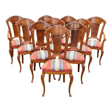 Mid 20th Century Burlwood Inlaid Italian Baroque Dining Chairs - Set of 10 