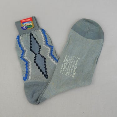 Men's Vintage Dress Socks - NOS NWT New Unworn Deadstock - Gray w/ Blue Black White - Westchester - Cotton Rayon Blend - Mid-Century Hosiery 