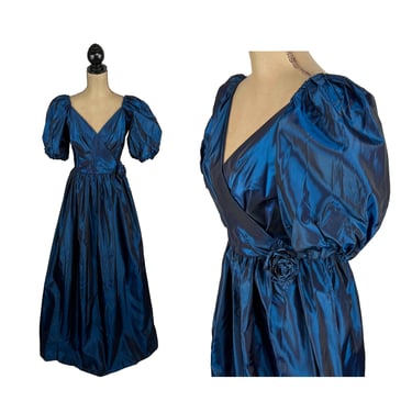 Vintage 80s Iridescent Blue Formal Dress Small, Evening Floor Length Taffeta Ball Gown with Big Puff Sleeves, 1980s Prom Dresses for Women 