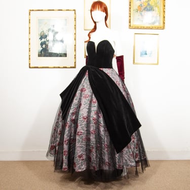 Vintage 1980s Black Velvet Maxi Ballgown Dress Pink Floral Full Skirt Off The Shoulder Size M UK 12 