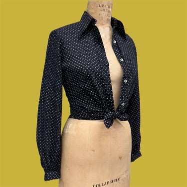 Vintage Button-down Blouse Retro 1970s Tucci + Black and White + Polka Dot Print + Top + Pointed Collar + Unisex Apparel 