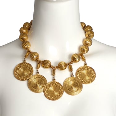 YVES SAINT LAURENT- Gold Tone Metal Bead & Coin Necklace