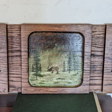 Vintage Handmade Wood Tray with Brass Handles and Elk Deer Painting 
