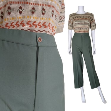 Vintage Green Slacks, Small Petite, 70s High Rise Pants, 1940s Style Trousers 
