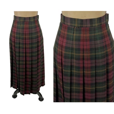 26 Waist | 80s Pleated Plaid Maxi Skirt Small - LL BEAN High Waist Long Tartan Wool Blend Winter Dark Academia - 1980s Clothes Women Vintage 