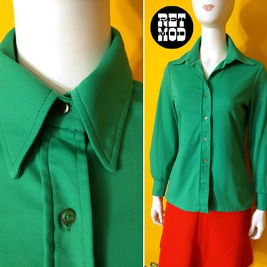 Basic Vintage 60s 70s Apple Green Button Down Collared Shirt 