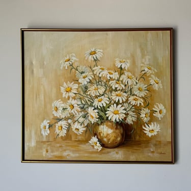 1970's  Steele Daisies Flowers Still Life Oil  Painting, Framed 