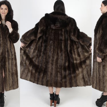 Full Length Real Beaver Fur Coat, Vintage 80s Hooded Long Overcoat, Heavyweight Mountain Man Jacket 