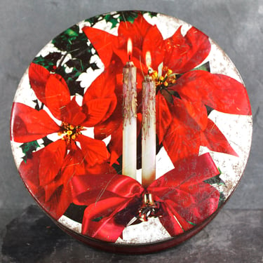 Vintage Christmas Tin with Candle & Poinsettia Decoration | Cookie Tin for Storage or Display  | FREE SHIPPING 