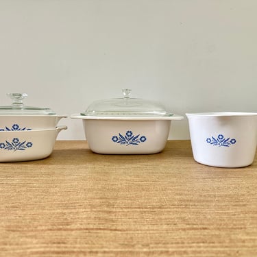 Vintage Corning Ware Blue Cornflower Dutch Oven & Square Casserole Dishes With Lids and Saucemaker - Six Pieces 