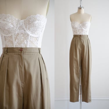high waisted pants 90s vintage Liz Claiborne light brown taupe greige polished cotton straight leg trousers 