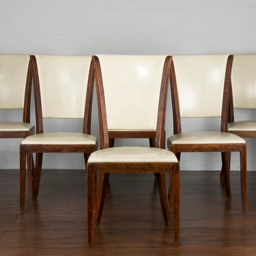 Traditional French Art Deco Maple Off White Vinyl Dining Chairs - set of 6 