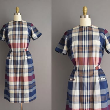vintage 1950s dress | Blue Plaid Print Cotton Day Dress | Small Medium | 50s vintage dress 