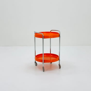 Space age Round Italian orange plastic and chrome metal bar cart 1970s 